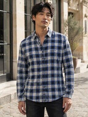 The Kooples Jeans Distressed Blue Plaid Relaxed Shirt XL